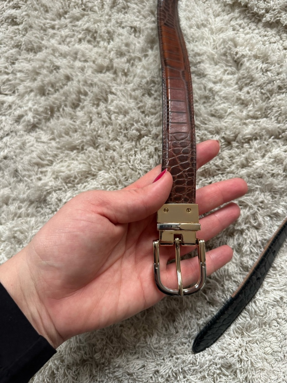 Ralph Lauren Black Brown reversible Croc-Embossed Leather Belt small gold silver - Picture 4 of 8